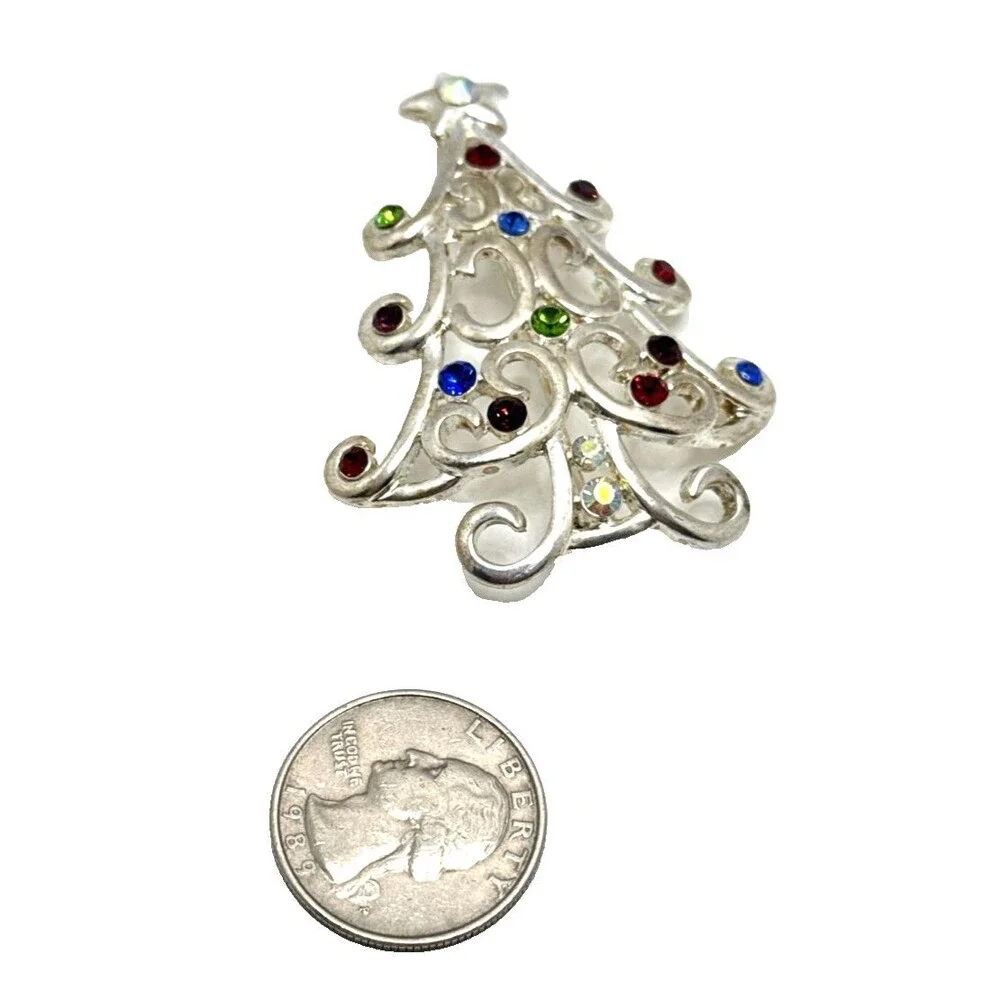 Vintage Kenneth Cole Rhinestone Christmas Tree Brooch Silver Tone KC Holiday Pin